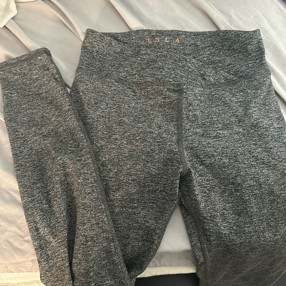 Isla movement size small leggings with cross front; heathered gray